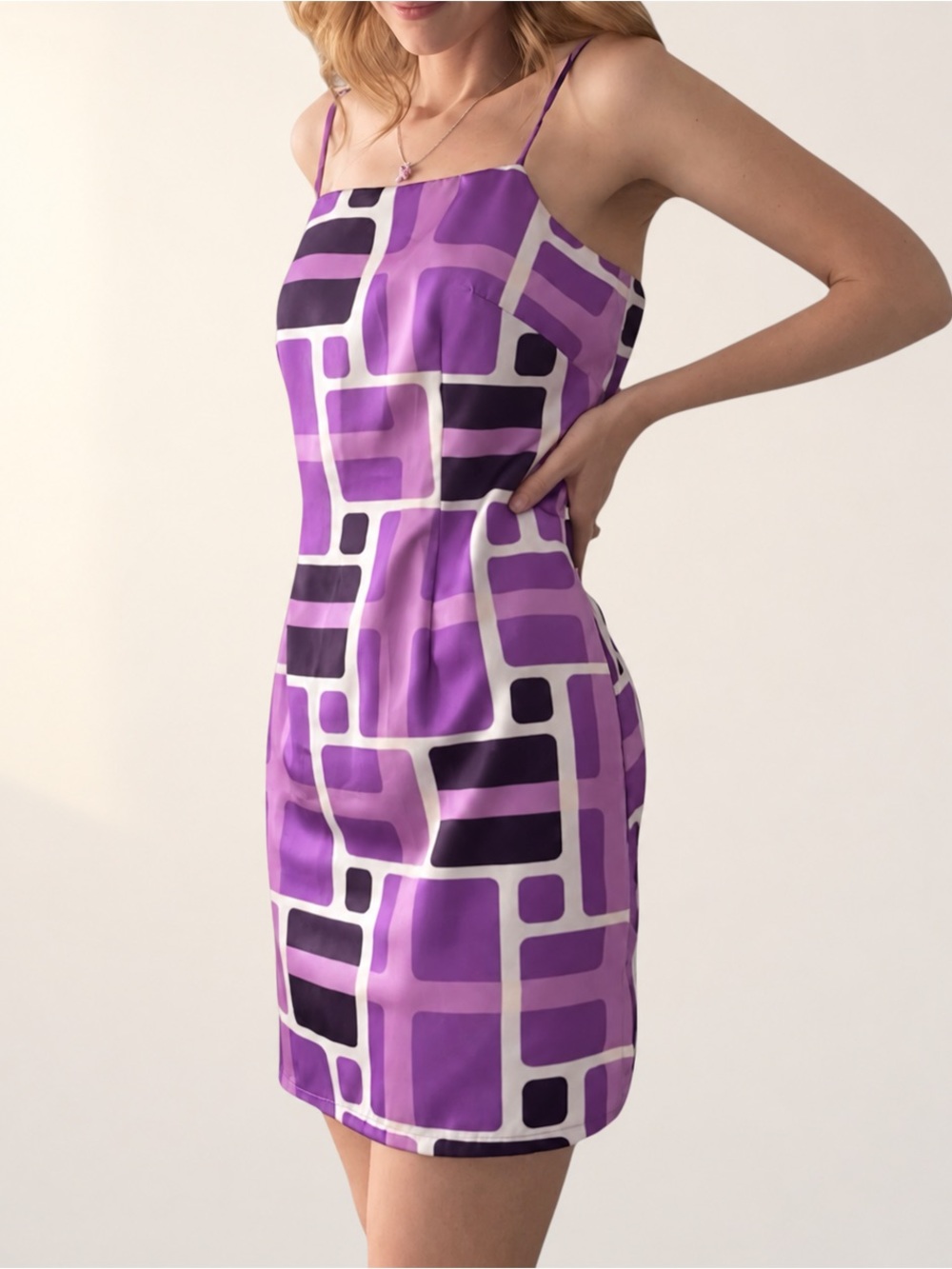 Vintage Frederick's of Hollywood Purple Geometric 60’s Style Slip Dress